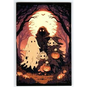 Vintage Halloween Photochrome Postcard with Cute Trick-or-Treaters and Full Moon